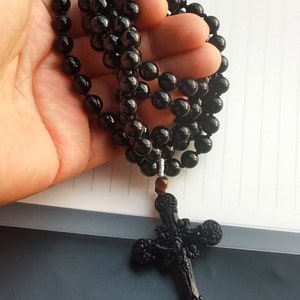 108beads Protection round natural black obsidian stone,Cross pendant,Yoga beaded necklace,30&quot;,Mala Prayer,gemstone stone Men/Women jewelry