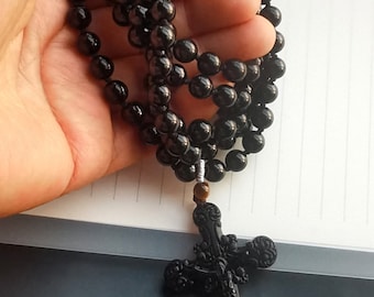 108beads Protection round natural black obsidian stone,Cross pendant,Yoga beaded necklace,30",Mala Prayer,gemstone stone Men/Women jewelry