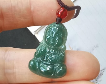 仏教の神々、仏陀、天然ブルージェダイト翡翠石ペンダント、グレードA