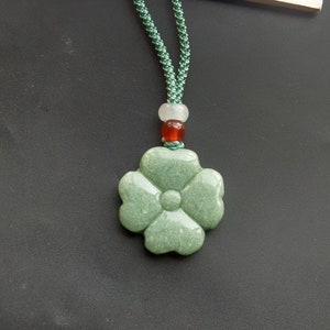 Certified,Love Flower Four Leaf Clover carved natural jadeite jade stone pendant,Rope necklace,protector,amulet,gemstone pendant,Good Luck