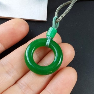 Love Circle Donut green jade pendant,26&quot; rope Cord amulet necklace,gemstone Men Women jewelry
