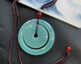 Light Blue Jade Donut Pendant Necklace - 26" Cord Amulet