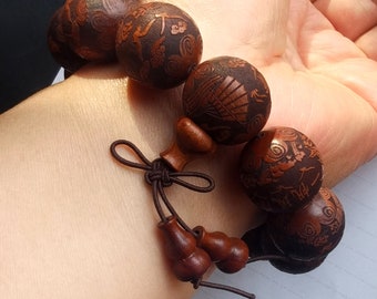 chunky brown wood Bracelet,20mm Carved chinese &quot;一帆风顺&quot; well word Women Bracelet,Men Bracelet,Unisex Beaded Bracelet,elastic mala bracelet