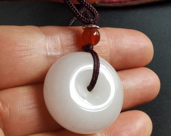 Donut natural white jade stone pendant,Rope adjustable necklace,gemstone bead,Good Luck,best gift
