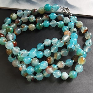 Blue Brown Dragon Veins cracked Agate stone beaded necklace,14&quot;-60&quot; 8mm/10mm Round gemstone,Statement knotted Necklace,