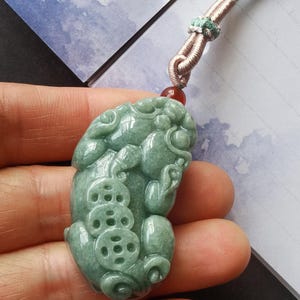 Natural Jadeite Pixiu Dragon Amulet Pendant - Adjustable Cord Necklace