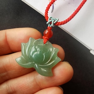 lotus flower carving natural green jade stone pendant,green rope necklace,protector,amulet,gemstone bead,Good Luck jewelry,best gift