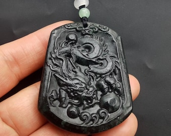 Rectangle,Dragon carved natural black green jade stone pendant,Rope adjustable necklace,protector,amulet pendant,gemstone bead