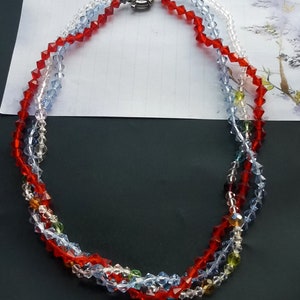 Faceted Glass Crystal Beaded Necklace: Red, Blue & White Gemstone Statement, 19&quot;
