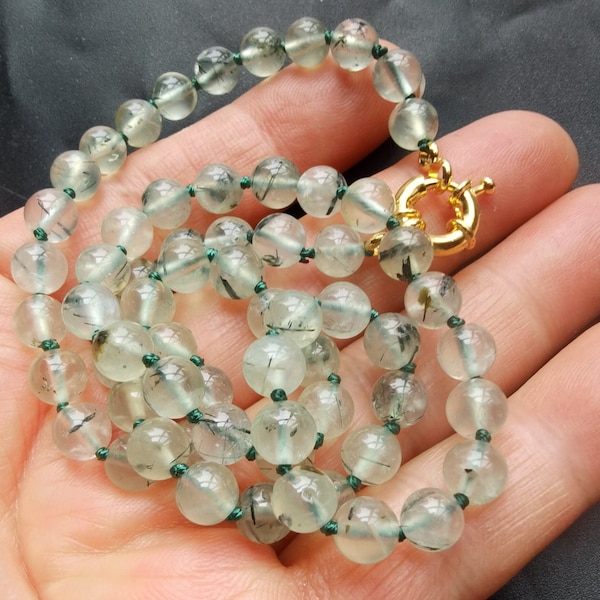 Natural Green Prehnite stone beaded Candy Necklace,14"-60" Round 6mm/8mm/10mm,Semi Precious Birthstone Statement knotted Gemstone Necklace