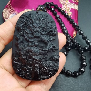 Protection obsidian pendant,chinese dragon pendant,beaded necklace,24, oval dragon