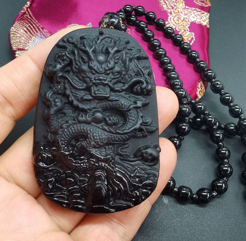 Protection obsidian pendant,chinese dragon pendant,beaded necklace,24, oval dragon