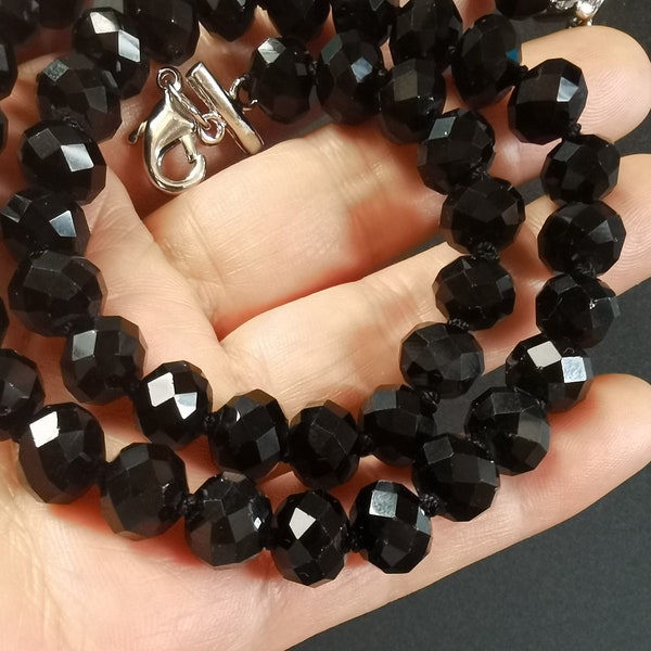 Polished faceted black glass crystal beaded necklace,14"-60" 8mmx12mm, Rondelle beads with knotted Wedding man woman necklace jewelry