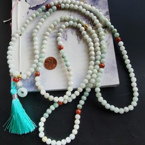 108beads, Multi-color Natural Burma jadeite jade stone necklace,Grade A,7mm,28&quot; Mala Prayer Round Beaded,Statement,man woman necklace