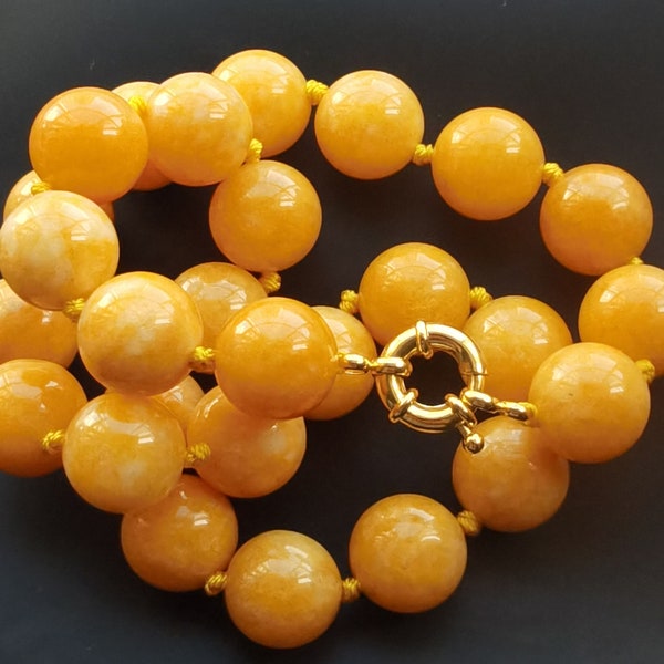 14"-45" 10mm/12mm/14mm Collana annodata con perline di pietra di giada gialla grossa rotonda, braccialetto con perline di fascino, orecchini, gioielli uomo, donna