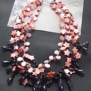 Sale on,19&quot; 4Rows star teardrop pink shell,mop,faceted glass crystal,teardrop beaded,necklace,Statement knotted Necklace, -09