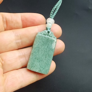 Certified,all is well,Good Luck,Rectangle carved natural jadeite jade stone pendant,Rope necklace,protector,amulet,gemstone pendant