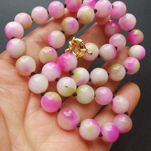 Round Hot pink white jade stone Beaded Necklace,14&quot;-60&quot; 8mm,6mm,Charm Statement knotted Necklace,jade bracelet