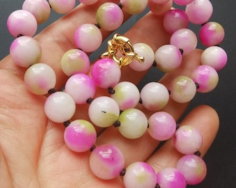 Pink White Jade Knotted Necklace, Beaded Statement Jewelry