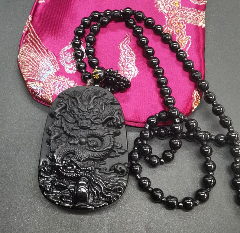 Protection obsidian pendant,chinese dragon pendant,beaded necklace,24, image 4