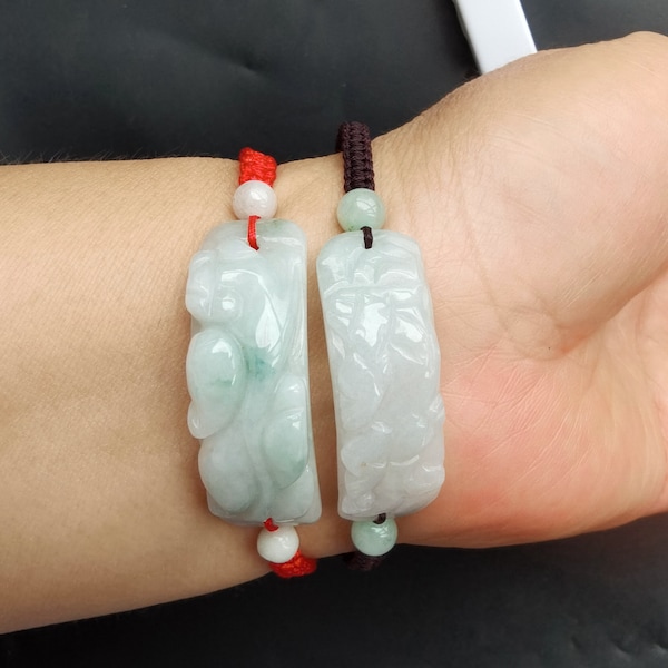 Red brown Weave Rope Bracelet,3D Pixiu Chinese Dragon jadeite jade stone bracelet,amulet,protector,good mood,good lucky gift
