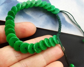 Hand Weave Rope Bracelet,donut "PingAn" coin circle green jade stone beaded adjustable bracelet,amulet,protector,good mood,good lucky gift