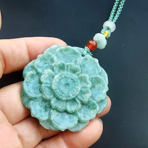 Certified,Flower&quot;花开富贵&quot; carved natural jadeite jade stone pendant,Rope necklace,protector,amulet,gemstone pendant,Good Luck