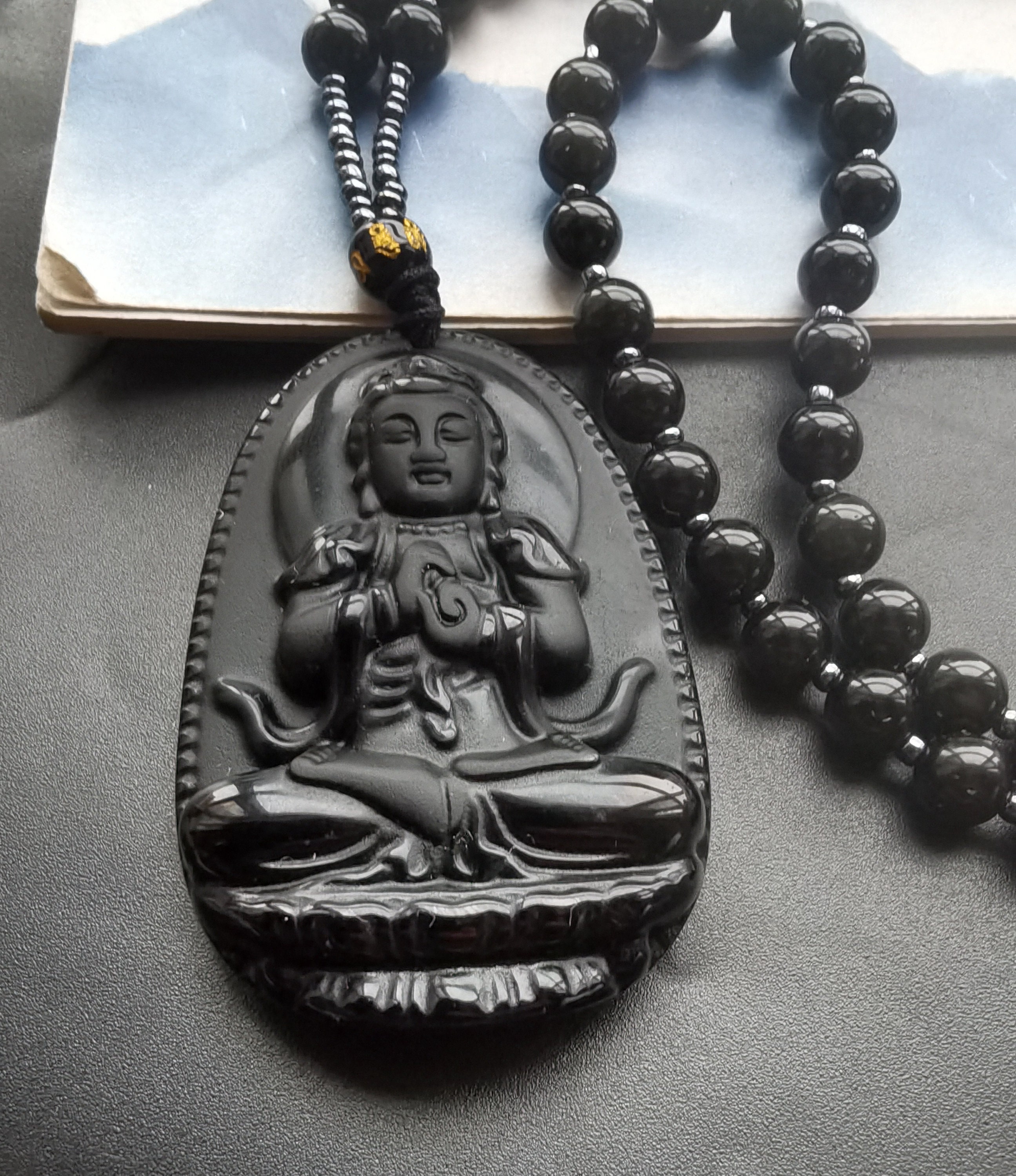 Amabha Collana Con Ciondolo Ossidiana Nera Intagliata Buddha Amuleto Fortunato Collane Per Donna Uomo Gioielli Regali Gioielli Trasporto Di Goccia - Foto 4