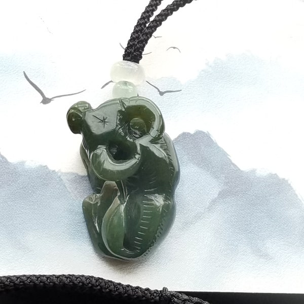 Pendentif amulette en pierre de jade vert hetian qing, zodiaque chinois 3D non traité, collier de corde réglable, pierre précieuse bijoux homme femme