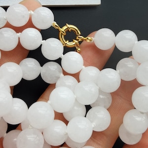 Round White jade stone Chunky Beaded Necklace,8mm/10mm/12mm 14&quot;-60&quot; charm Statement knotted Necklace