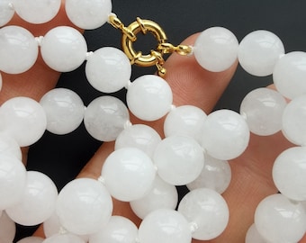 Collier rond avec grosses pierres de jade blanches, 8 mm/10 mm/12 mm 14"-60" collier noué avec breloque