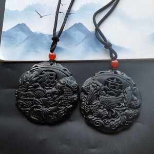 Carving phoenix bird xi word,dragon fu word natural black green jade stone pendant,Rope adjustable necklace,protector,amulet,man woman gift