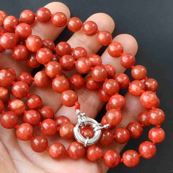 Spong coral necklace,14"-60" Round 8mm/10mm,red coral stone,Round Beaded Necklace,Statement knotted Necklace