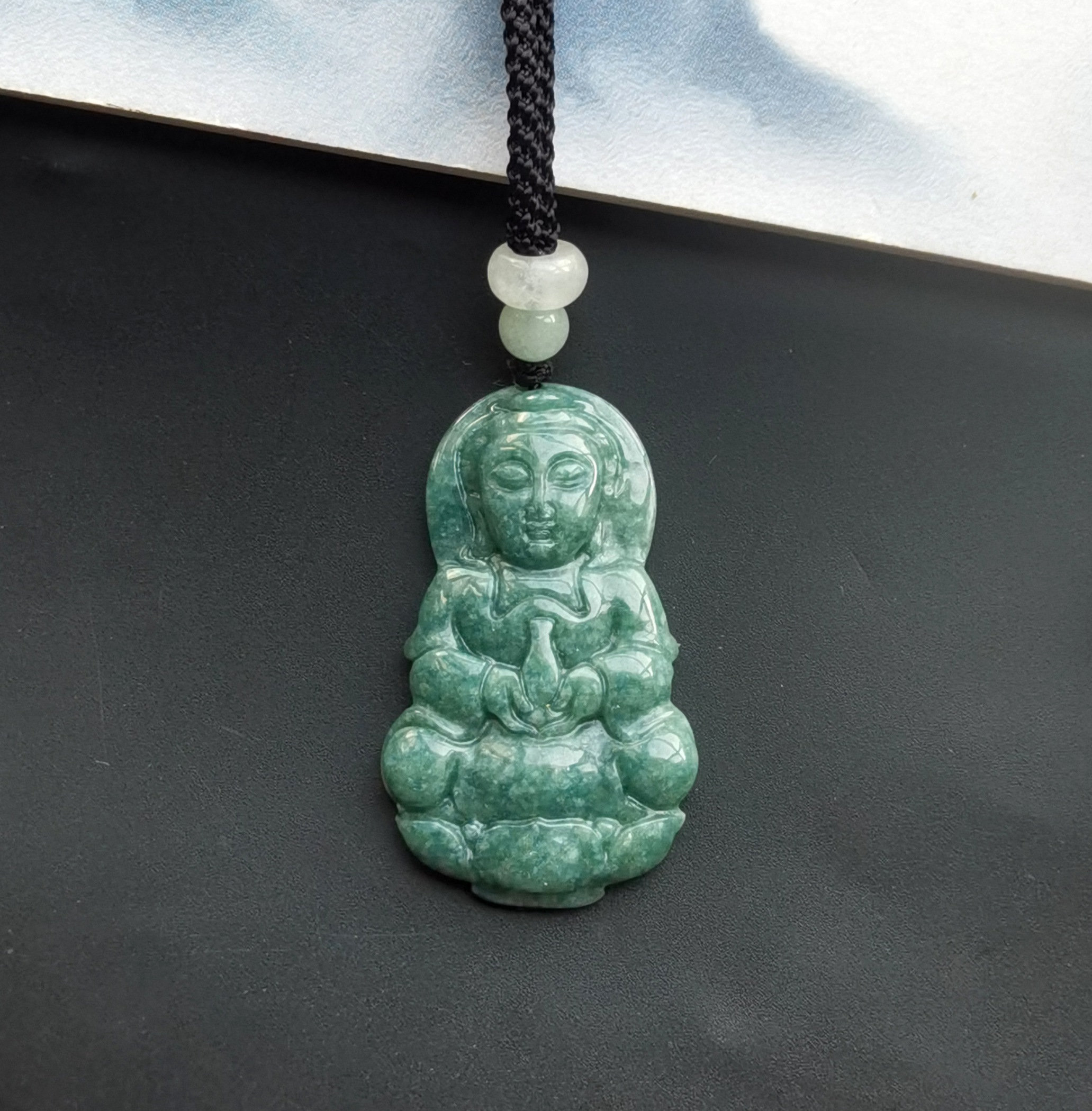Certified,Bodhisattva,godness,guanyin,carved natural jadeite jade stone pendant,Rope necklace,protector,amulet,gemstone pendant,Good Luck