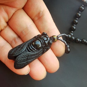 cicada carved Protection black obsidian stone pendant,24&quot;,108beads/rope beaded necklace,protector,amulet,gemstone pendant,Good Luck,Blessing