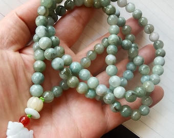 Burma Jadeite Mala Necklace: 108 Beads Buddhist Prayer, 32"