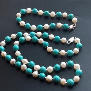 Round howlite turquoise stone,white freshwater pearl,necklace bracelet,Round 8mm,barqoue pearl,gemstone,Beaded knotted Necklace,  -09