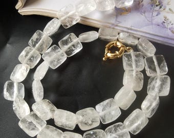 18" 12mm, faceted Natural white Crystal Quartz beaded necklace ,Hand knotted man woman,Birthday Gift  jewelry
