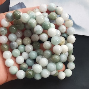 9,5-10 mm rundes natürliches Burma Jadeit Jadesteinarmband, Klasse A grün weiß, Amulett, Beschützer, gutes Glücksgeschenk, Unisex Armband, Stretch Mala