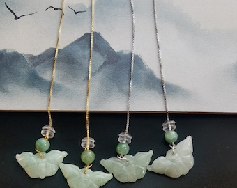 Butterfly Natural jadeite jade stone earring line,Long Chain 925silver gold earring dangle,threader earring,Box Chain Earrings Drop Earring