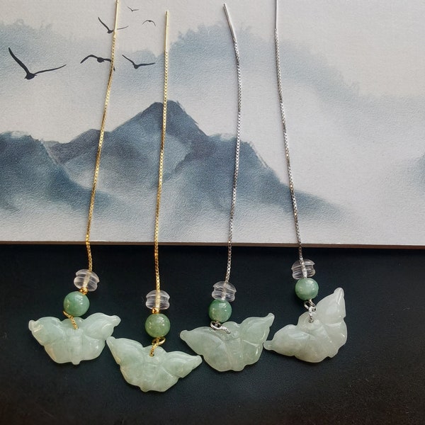 Butterfly Natural jadeite jade stone earring line,Long Chain 925silver gold earring dangle,threader earring,Box Chain Earrings Drop Earring