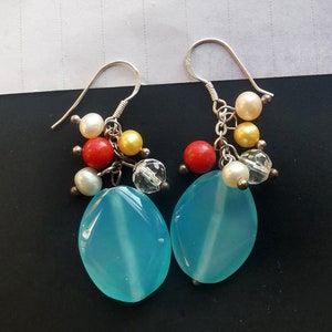 Oval blue agate stone, freshwater pearl, 925silver,Sterling Silver,earring dangle,best gift