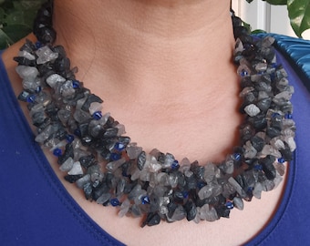 20" 6rows nugget chip Black Crystal Quartz Rutilate beaded gemstone necklace,Statement knotted Necklace  -01