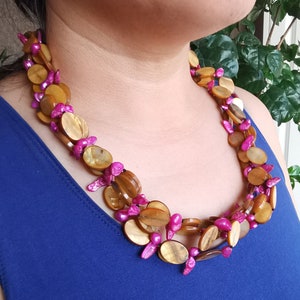 4Rows magenta Freshwater pearl,orange shell mop,Beaded Necklace,Statement knotted Necklace,24&quot; -01