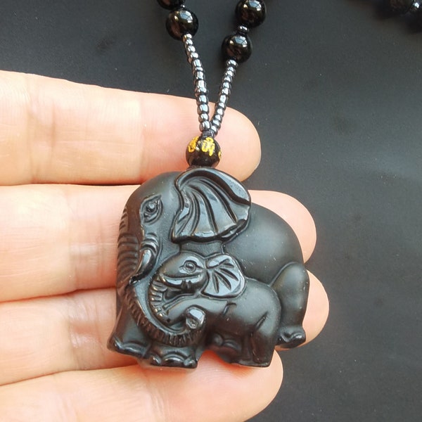 Love mother baby elephant carved Protection black obsidian stone pendant,beaded necklace,24",