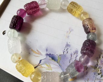Carved Fluorite Flower Bracelet: Healing Crystal Gemstone Stretch Bracelet