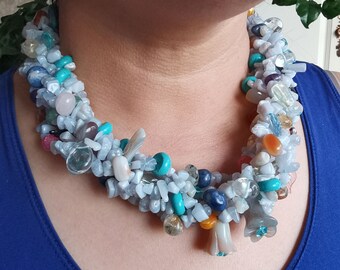 5Rows Natural agate stone,crystal, gemstone Beaded Necklace,Statement knotted Necklace, 20" -01