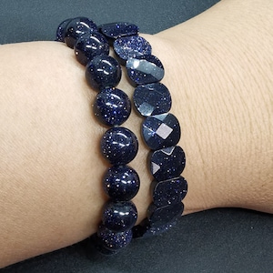 Blue Goldstone Quartz bracelet, faceted goldstone,Round smooth goldstone Bracelet, gemstone bracelet,good luck bracelet,Yoga Jewlery