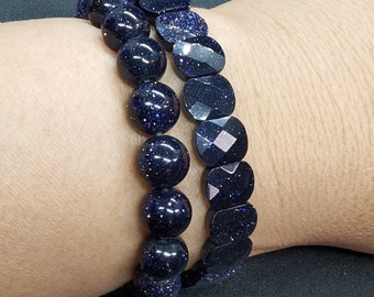 Blue Goldstone Quartz bracelet, faceted goldstone,Round smooth goldstone Bracelet, gemstone bracelet,good luck bracelet,Yoga Jewlery