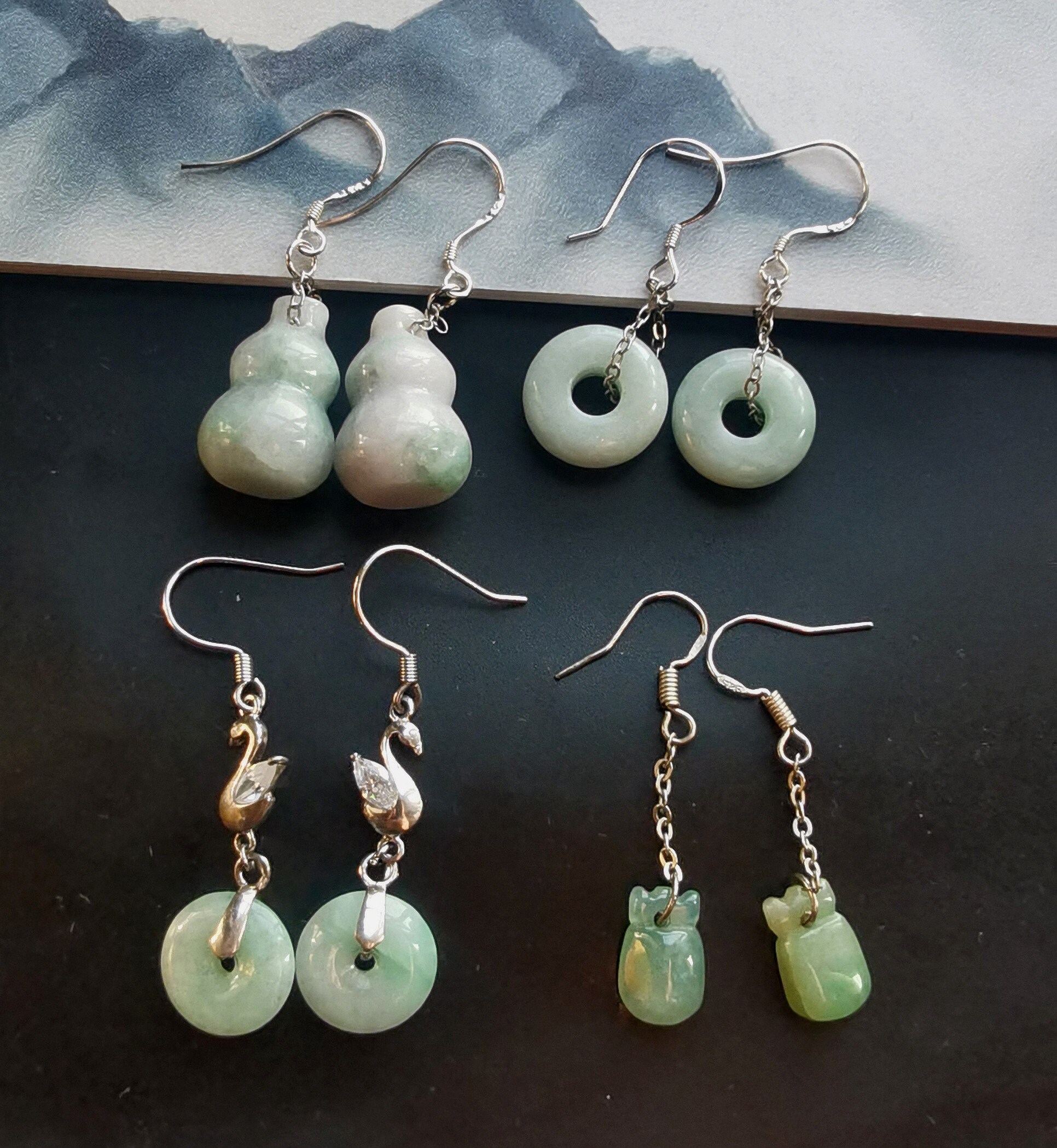 Gourd,Donut,Love Lock,Grade A,Natural Green Burmese jadeite jade stone drop earring Dangle,Sterling Silver ear hook,Birthday Gift for Her,He